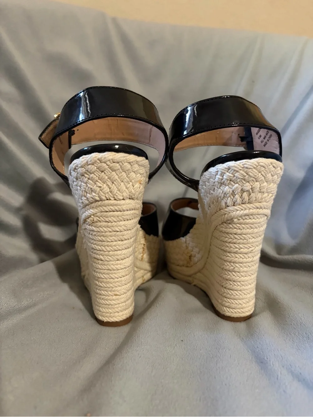 Steve Madden Black Patent Espadrille Wedge Sandals with Gold Buckles